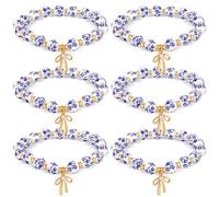 Huquary 6 Pieces Beads Bow Charm Bracelet Set for Women Flower Vintage Stretch Bracelet Handmade Dainty Bow Pendant Gift for Women, about 6.7 inches to 7.5 inches, no gemstone
