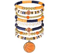 Huquary 8 Pack Soccer Baseball Game Day Bracelets for Women Girlfriend Stackable Heishi Bracelet Accessories Stretch Sport Fan Jewelry for Team Party Favors, about 7 inches long, Polymer Clay, Metal