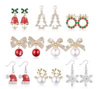 Huquary 8 Pairs Christmas Earrings for Women Drop Earrings Bulk Xmas Rhinestone Sparkle Christmas Tree Bow Deer Snowflake Garland Simulated Pearl Hat Bell Jewelry Stuff Bow for Women Adults Gifts