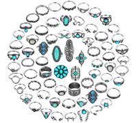 Huquary 84 Pcs Vintage Turquoise Rings for Women Bohemian Silver Oval Gemstone Rings Western Rings Boho Stackable Joint Knuckle Rings Midi Stacking Rings Set for Women Girls Gifts, alloy, silver