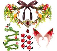Huquary 9 Pcs Halloween Elf Cosplay Set Renaissance Mushroom Accessory Includes Fairy Mushroom Crown Forest Elf Ears with Arm Wrap and 6 Hair Clips for Woman Woodland Outfit Carnival Cosplay