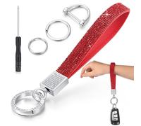 Huquary Bling Rhinestone Leather Car Keychain 4.72 Inch Keyholder with Rhinestones Shinning for Women Girls Graduation Gift, Red, Leather lanyard 4.72 inches/ 12 cm
