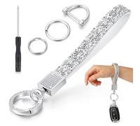 Huquary Bling Rhinestone Leather Car Keychain 4.72 Inch, Silver, Leather lanyard 4.72 inches/ 12 cm
