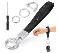 Huquary Bling Rhinestone Leather Car Keychain Key Chain Fob Holder with Rhinestones Shinning Wristlet Keychain for Women Girls Gifts(Black), Black, Leather lanyard 4.72 inches, The whole keychain 7.28