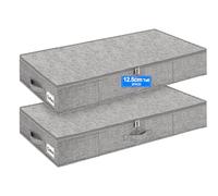 Huquter Low Under Bed Storage Box with Lid, 2 Pack 12 CM Tall Low Underbed Storage Boxes with Sturdy Side & Bottom Support, Fabric Thin Shallow Under Bed Sofa Storage Organiser Bags for Clothes Duvets