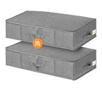Huquter Underbed Storage Boxes with Lids 50L, 2 Pack Under Bed Storage Boxes with Side & Bottom Support & 3 Handles, Foldable Fabric Storage Under Bed for Comforters Beddings Blankets, 76x38x17cm