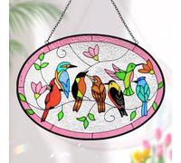 Huray Rayho Birds On A Branch Stained Glass Ornament, 9.5''x6.7'' Cardinal Hummingbird Suncatcher Hand-Painted Double Side Glass Panel Window Hanging Decor Bird Lover Gift for Mom, Grandma, Teacher