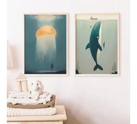 HURCP 2pcs Abstract And Minimalist Sea Life Illustration Poster JellyFish Whale Octopus Canvas Painting Wall Art Nursery Room Home Decor Gift For Child Son Boy,A2 (42X60CM)