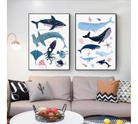 HURCP 2pcs Under The Sea Halobios Poster Shells Starfish Crab Print Underwater Organisms Whale Canvas Painting Sea Life Art Nautical Room Home Decor,A2 (42X60CM)
