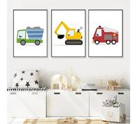 HURCP 3pcs Transportation Cartoon Excavator Truck Fire Engine Poster Print Wall Art Canvas Painting Baby Boy Room Decoration Gift Transport Nursery Pictures Home Decor,A3 (30X42CM)