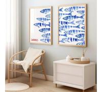 HURCP set of 2 Abstract Blue Sardines Fish Canvas Prints Poster Japanese Funny Cute Art Style For Kitchen Living Room Wall Art Home Decor Poster,50x70 CM (19.7x27.6 In)