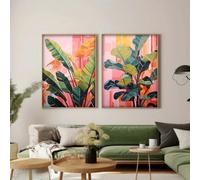 HURCP set of 2 Boho Vibrant Pink Green Palm Leaves Fig Tree Tropical Abstract Canvas Print Poster Modern Botanical Leaf Art Print Home Decor Poster,50x70 CM (19.7x27.6 In)