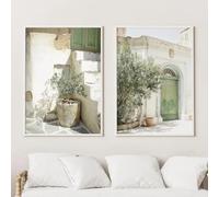 HURCP set of 2 Green White Italy Malta Olive Tree City Photography Canvas Print Poster Modern Minimalist Art Style Wall Art Home Decor Poster Gift,50x70 CM (19.7x27.6 In)