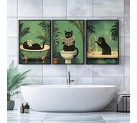 HURCP Set Of 3 Canvas Poster Abstract Funny Bathroom Black Cat Retro Animal Toilet Cafe Bar Green Wall Art Prints Gift Bedroom Living Room Dorm Gallery Corridor Decor Picture,A4 (21X30CM)