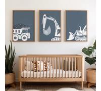 HURCP Set Of 3 Canvas Poster Cute Excavator Bulldozer Truck Construction Vehicle Blue Gray Wall Art Painting Gift Bedroom Living Room Dorm Gallery Corridor Decor Picture Prints,A4 (21X30CM)