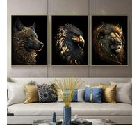 HURCP Set Of 3 Canvas Poster Modern Black Golden Wolf Gold Eagle Lions Power Animals Wall Art Prints Gift Men Bedroom Living Room Dorm Gallery Corridor Decor Picture,40x60 CM (15.8x23.6 In)