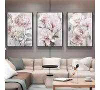 HURCP Set Of 3 Canvas Poster Modern Fantasy Beautiful Pink Large Flowers Gray Wall Art Prints Gift Bedroom Living Room Dorm Gallery Corridor Decor Picture,50x70 CM (19.7x27.6 In)