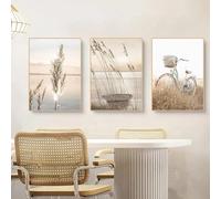 HURCP Set Of 3 Canvas Poster Modern Seascape Beige Natural Landscape Pampas Grass Boat Bicycle Wall Art Prints Gift Bedroom Living Room Dorm Gallery Corridor Decor Picture,A3 (30X42CM)