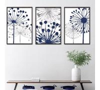 HURCP Set Of 3 Canvas Poster Navy Blue White Grey Abstract Floral Dandelions Images Wall Art Painting Gift Bedroom Living Room Dorm Gallery Corridor Decor Picture,40x60 CM (15.8x23.6 In)