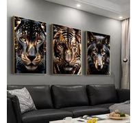 HURCP Set Of 3 Canvas Poster Vintage Abstract Black And Gold Panther Tiger Wolf Ferocious Animal Wall Art Prints Gift Bedroom Living Room Dorm Gallery Corridor Decor Picture,A3 (30X42CM)