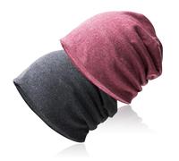 Hurinan Slouch Beanie Hat, 2 Packs Unisex Jersey Skull Cap Classic Baggy Hat Lightweight and Soft Knitted Cotton Hat Headwear for Men & Women (Grey & Red)