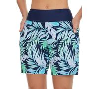 Hurley High Waisted Swim Shorts Women, Board Shorts with Pockets & Inner Liner, Quick Dry Bathing Suit Swim Trunk, UPF 50+, Blue Multi, Large