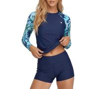 Hurley Womens Two Piece Rash Guard & Swim Shorts, Long Sleeve Swim Shirt, Quick Dry Swimsuits UPF 50+ SPF Sun & UV Protection, Navy/Tropic, Large