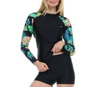 Hurley Womens Two Piece Rash Guard & Swim Shorts, Long Sleeve Swim Shirt, Quick Dry Swimsuits UPF 50+ SPF Sun & UV Protection, Black/Tropic, Medium
