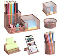 HurLuksi Pen Holder for Desk, 6 Pieces Mesh Desk Organiser Set, Rese Gold Desk Tidy with 3 Compartments pens holder, Mail Organizer Letter Holder, Home Office Supplies and Accessories (Rose Gold)