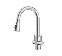 Hurran Monobloc Dual Lever 360°Swivel Nickel Kitchen Sink Mixer Tap with Pull Down Sprayer, UK Standard 1 Hole Deck Mount Design