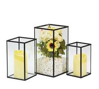 Hurricane Candle Holder 3 PCS, Black Glass Candle Holder Square Hurricane Candle Centerpieces for Tables Decorative, Wedding, Party
