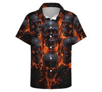 Hurspmr Button Down Shirt for Men Casual Skull Print Hawaiian Shirts Beach Short Sleeve, Orange02, Medium