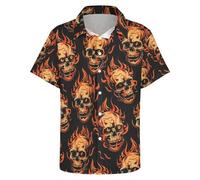 Hurspmr Mens Skull with Flame Pattern Button Down Shirt Short Sleeve Casual Tropical Beach Hawaiian Shirts, Black/F1, Large