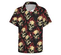 Hurspmr Mens Skull with Flame Pattern Button Down Shirt Short Sleeve Casual Tropical Beach Hawaiian Shirts, Black/F3, Large