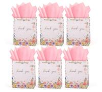HURSROOR Thank You Gift Bags 6 Pack with Tissue Paper, 9" Medium Size Gift Bags with Handles, Floral Gift Bags Luxury Paper Present Bag for Teacher Birthday Wedding Baby Shower Mother's Day Party