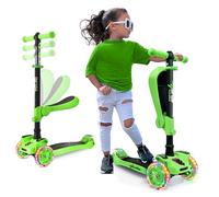 Hurtle 3-Wheel Try Scooter for Kids - Ages 2-12, Flip-able Seat, Foldable Kick Scooter, Flashing Lights, Adjustable Height, Green