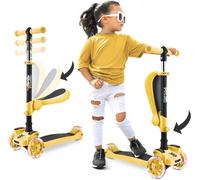 Hurtle 3-Wheel Try Scooter for Kids - Ages 2-12, Flip-able Seat, Foldable Kick Scooter with Flashing Lights, Adjustable Height, Yellow
