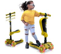 Hurtle 3-Wheel Try Scooter for Kids - Ages 2-12, Flip-able Seat, Foldable Kick Scooter with Flashing Lights, Adjustable Height, Yellow