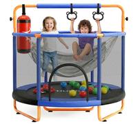Hurtle Kids Trampoline 55 Inch with Enclosure Indoor Outdoor - Toddler Trampoline with Swing, Gymnastic Rings, Boxing Bag, Adjustable Bar 54kg Capacity for Age 3+, Blue/Orange