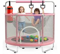 Hurtle Kids Trampoline 55 Inch with Enclosure Indoor Outdoor - Toddler Trampoline with Swing, Gymnastic Rings, Boxing Bag, Adjustable Bar 54kg Capacity for Age 3+, Pink