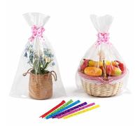 HURUC Clear Cellophane Bags 50×70cm - Pack of 20 with Pull Bows | Large Hamper Wrap Bags for Easter, Christmas Gifts, Florists, Baskets, Chocolates & Craft Gifts