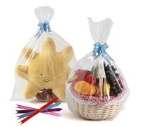 HURUC Clear Cellophane Bags Wrap 50×70cm,Pack of 10 with Bows, Large Hamper Gift Wrap Bags for Christmas, Baskets, Florists & Parties,