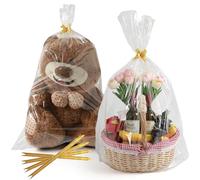 HURUC Clear Cellophane Bags Wrap 70×100cm,Pack of 10 with Bows, Extra Large Hamper Gift Wrap Bags for Baskets, Florists & Parties, Christmas