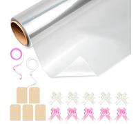 Huruc Clear Cellophane Wrap Roll 40cm x 30m with 10 Pull Bows, 2 Ribbons & 5 Tags - Christmas Wrapping Cello for Hampers, Bouquets, Baskets, Crafts & Holiday Packaging