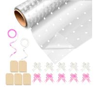 Huruc Dotted Cellophane Wrap Roll 80cm x 30m Folded with 10 Pull Bows, 2 Ribbons & 5 Tags - Extra Wide Christmas Cello Wrap for Hampers, Bouquets, Baskets, Crafts & Holiday Packaging
