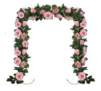 Huryfox Artificial Flowers Garlands - 2 Strand 216cm Long Artificial Flower Vines for Decorations, 16 Flowers per Strand, Faux Pink Rose Floral Arch for Home, Garden, Weddings, Parties