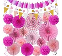 Huryfox Pink Party Decorations - 33pcs Mexican Themed Hanging Paper Fans, Rainbow Paper Pom Poms, Fiesta Bunting and Tissue Streamers for Birthday, Festival, and Rainbow Parties