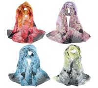 Husalsea 4 Pack Chiffon Scarf, Fashion Sheer Scarfs, Scarf Lightweight Floral Leaf Print, Wrap Scarves for Women Girls Ladies (Light blue, Light yellow, Light purple, Red)