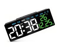 Husalsea Digital Alarm Clock, Adjustable 3-Level Brightness, Displays Time, Date, Day, Temperature, DST, Timer and Countdown, USB Charging Port, Black Case with Green Digits, 18.2x3.5x6.6cm