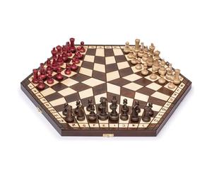 Husaria Wooden Three-Player Chess Game Set - 54 centimeter - with Foldable Board, Handcrafted Playing Pieces, and Felt-Lined Storage